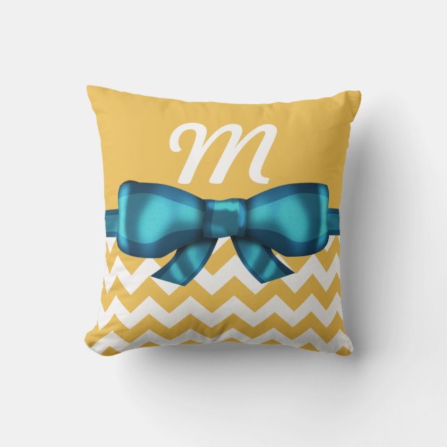 Trendy Blue Bow & White Chevrons Monogram Kissen (Vorderseite)