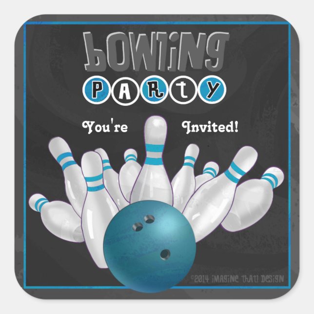 Trendy Blue Bowling Party Einladung Sticker (Vorderseite)