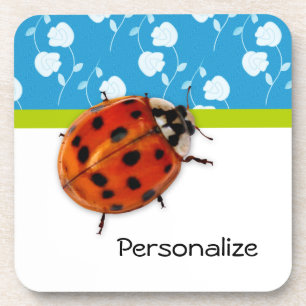 Trendy Blue Floral Ladybug mit Namen Untersetzer