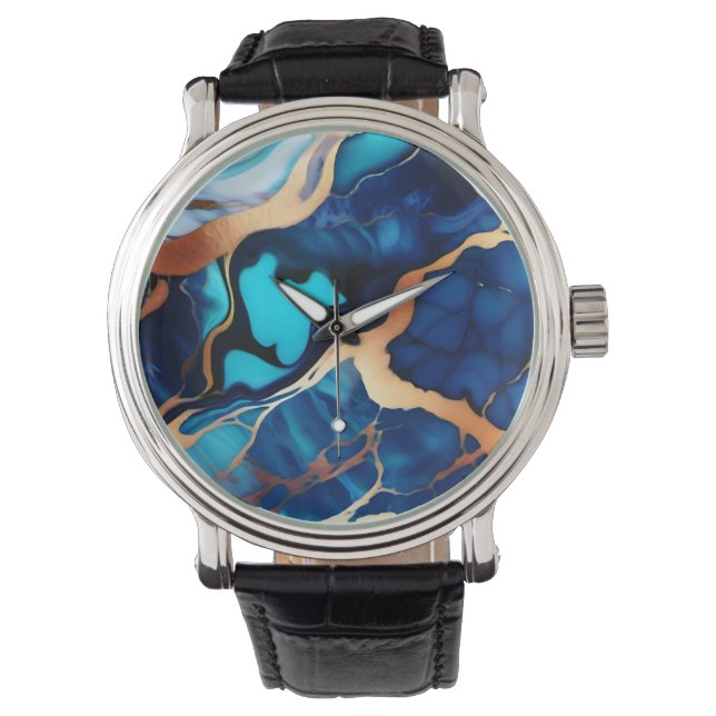 Trendy Blue Gelb Gold Imitate Marmor Armbanduhr (Vorderseite)