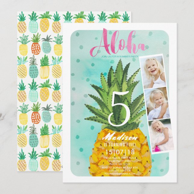 Trendy blue & gelb tropische Ananas Frucht Einladung (Vorne/Hinten)