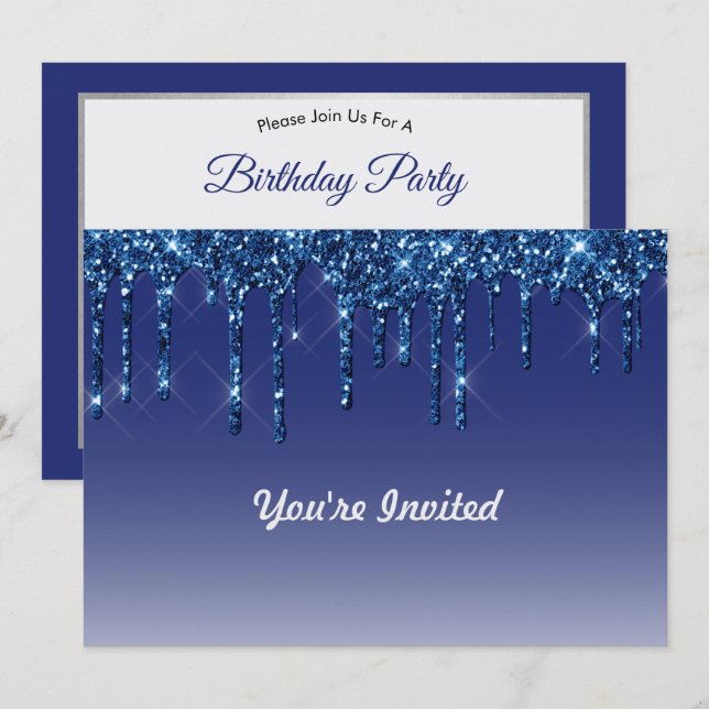 Trendy Blue Glitzer Tropfens Birthday Einladung (Vorne/Hinten)