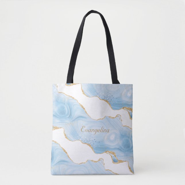 Trendy Blue Gold Agate Personalisiert Tasche (Vorderseite)
