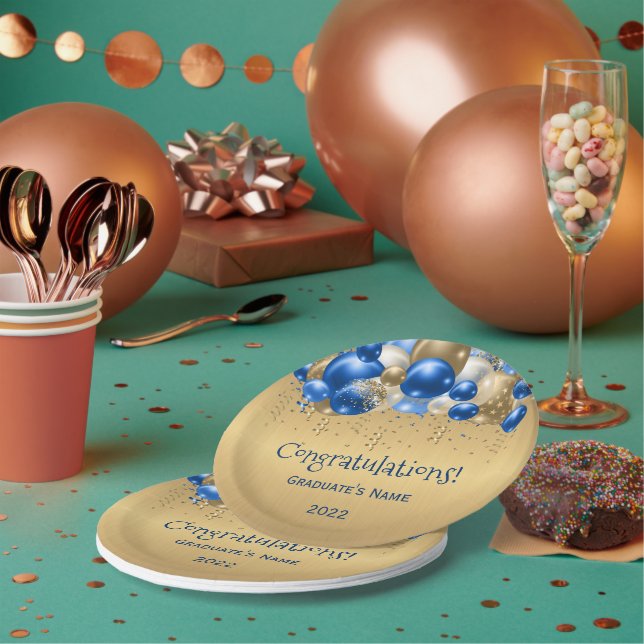 Trendy Blue Gold Balloons Abschluss Pappteller (Multi)