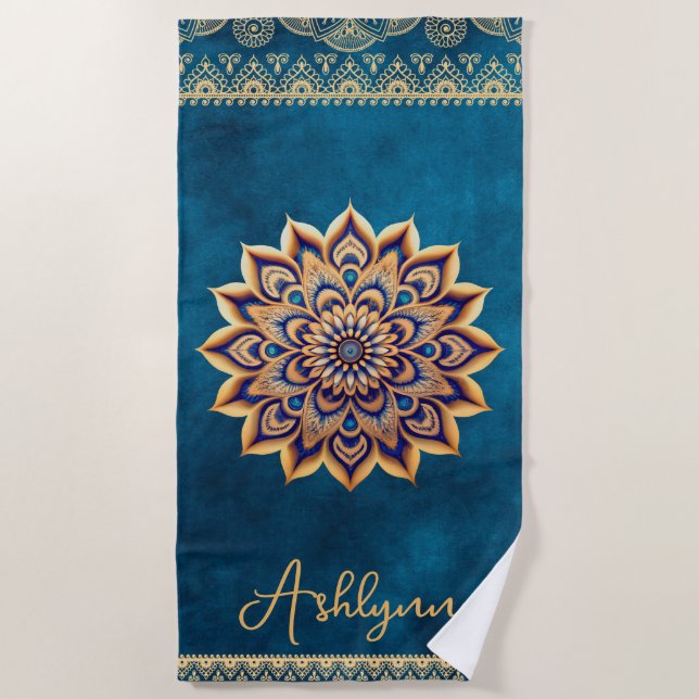 Trendy Blue Gold Mandala Elegantes Yoga Anpassbar Strandtuch (Vorderseite)