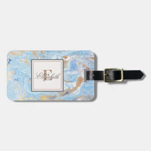 Trendy Blue Gold Stone Marmor Texture, Monogram Gepäckanhänger