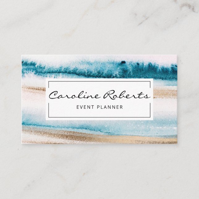 Trendy Blue Gold Watercolor Pinselstriche Elegant Visitenkarte (Vorderseite)