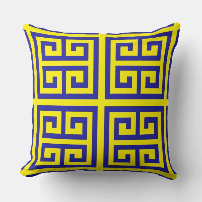 Trendy Blue Greece Schlüsselmuster auf Gelb Kissen (Vorderseite)