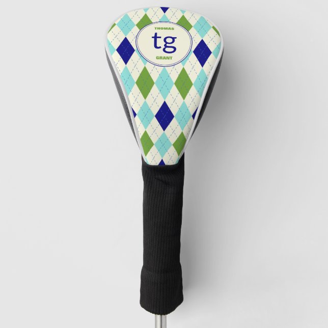 Trendy Blue & Green Argyle Pattern Modern Monogram Golf Headcover (Vorderseite)