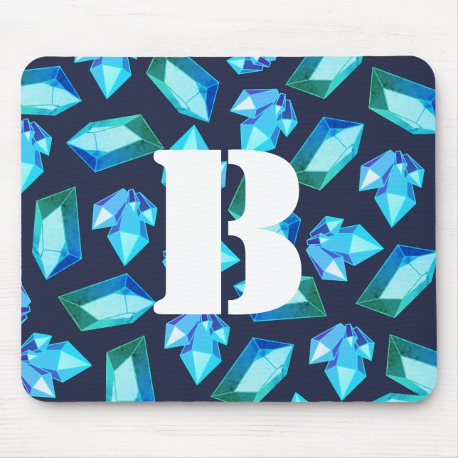 Trendy Blue Green Crystal Gems | Monogramm Mousepad (Vorne)