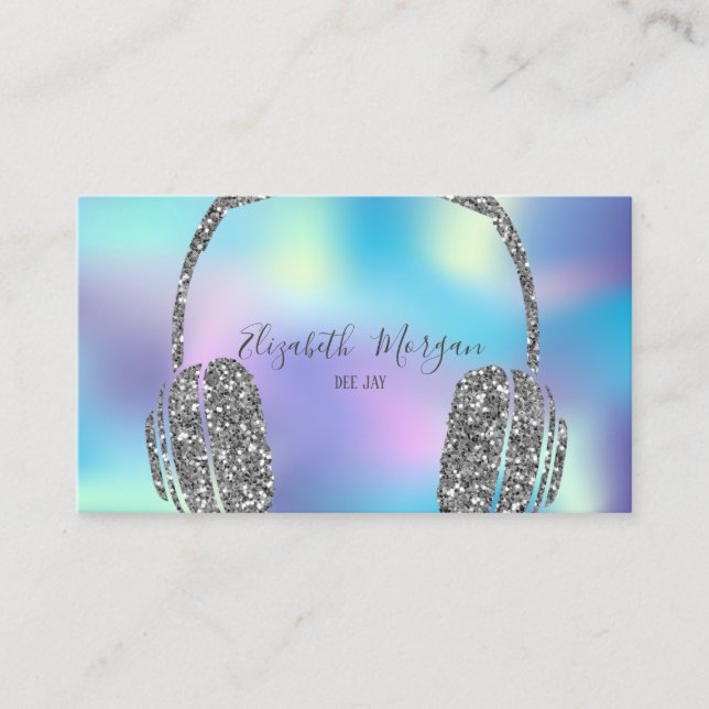 Trendy Blue Holographic Glitzer Headphone DJ Visitenkarte (Vorderseite)