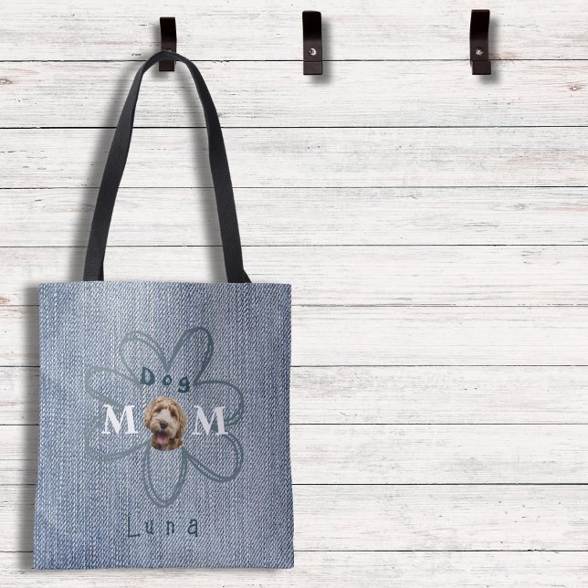 Trendy Blue Jean Dog Foto Mama Tasche (This cute tote has the look of denim, personalized with the name and a picture of your pup!)