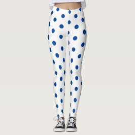 Trendy Blue Polka dot Pattern on White Retro Leggings