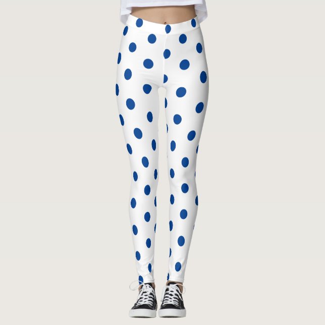 Trendy Blue Polka dot Pattern on White Retro  Leggings (Vorderseite)