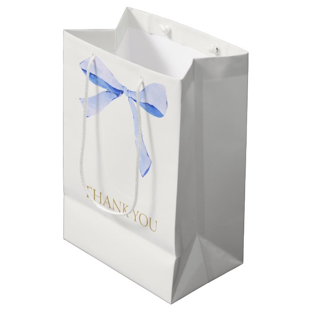 Trendy Blue Ribbon Wedding Thank You Mittlere Geschenktüte (Vorderseite Schrägansicht)