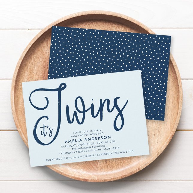 Trendy Blue Script It's Twins Baby Shower Einladung (Von Creator hochgeladen)