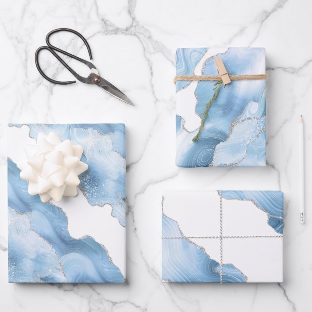 Trendy Blue Silver Agate Geschenkpapier Set (Vorderseite)