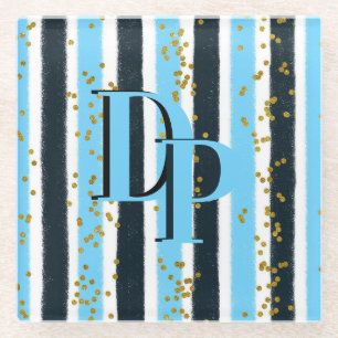 Trendy Blue Stripe Gold Glitzer Monogram Glam Glasuntersetzer