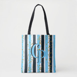 Trendy Blue Stripe Gold Glitzer Monogram Glam Tasche