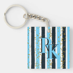 Trendy Blue Stripe Gold Parties scintillant Monogr