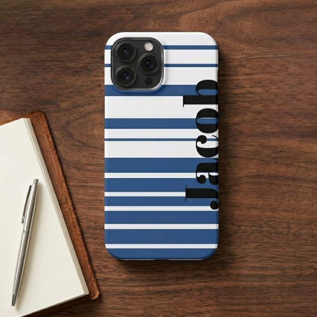 Trendy Blue Striped Custom Name iPhone Case 13 Pro Max Hülle (Von Creator hochgeladen)