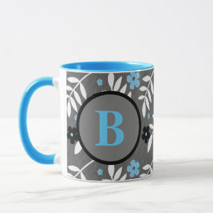 Trendy Blue und Grau Floral Monogram Tasse