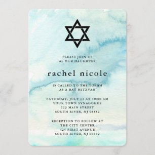 Trendy Blue Watercolor Look Bat Mitzvah Einladung