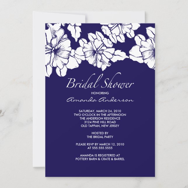 Trendy Blue & White Floral Brautparty Einladung (Vorderseite)