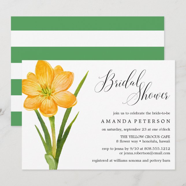 Trendy Blume YELLOW CROCUS Hochzeit Brautparty Einladung (Vorne/Hinten)