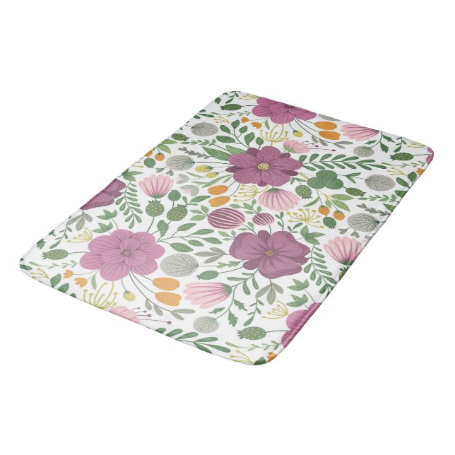 Trendy Blumenmuster Rosa Lila Grünanlage Badematte (Schrägansicht)