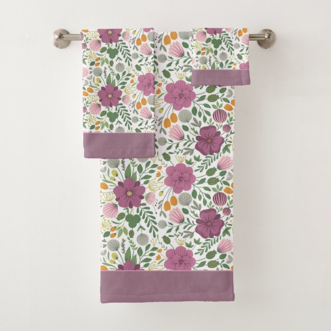 Trendy Blumenmuster Rosa Lila Grünanlage Badhandtuch Set (Insitu)