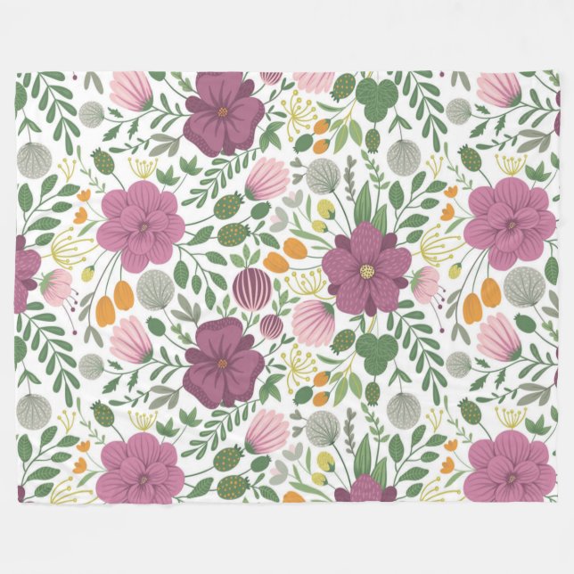 Trendy Blumenmuster Rosa Lila Grünanlage Fleecedecke (Vorderseite (Horizontal))