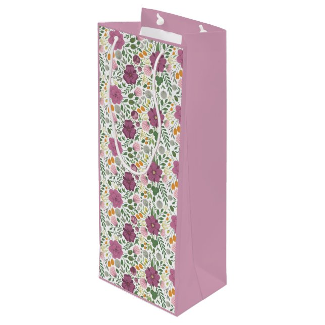 Trendy Blumenmuster Rosa Lila Grünanlage Geschenktüte Für Weinflaschen (Rückseite Schrägansicht)