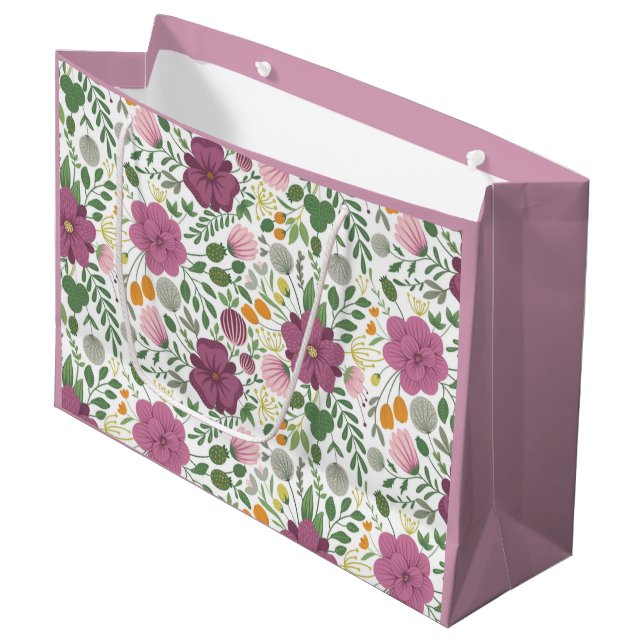 Trendy Blumenmuster Rosa Lila Grünanlage Große Geschenktüte (Vorderseite Schrägansicht)