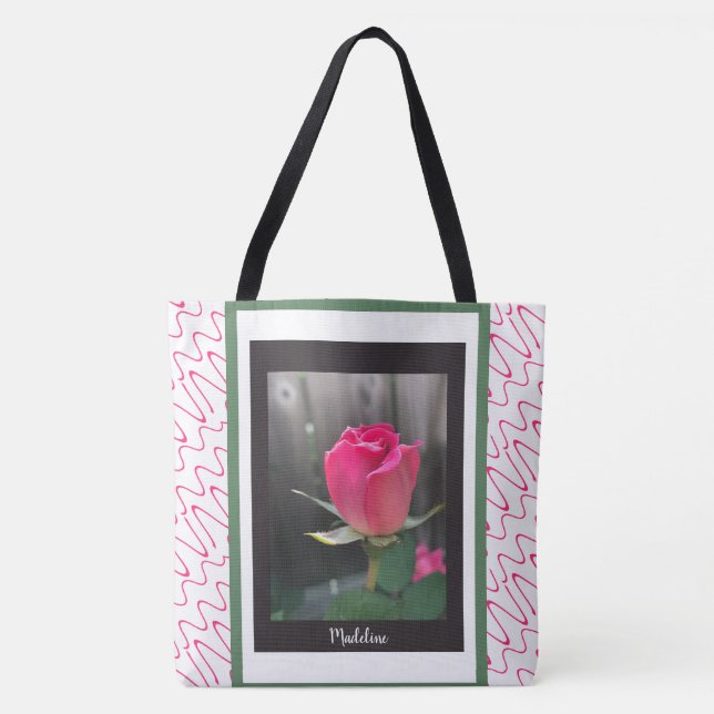 Trendy BlumenTasche, Rote Rose, addieren Namen Tasche (Vorderseite)