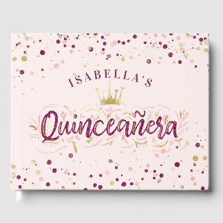 Trendy Blush Burgundy & Gold Confetti Quinceañera Gästebuch