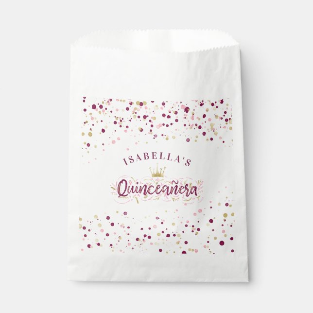 Trendy Blush Burgundy & Gold Confetti Quinceañera Geschenktütchen (Vorderseite)