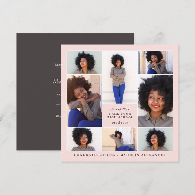 Trendy Blush Foto Collage Graduation Party Einladung (Vorne/Hinten)