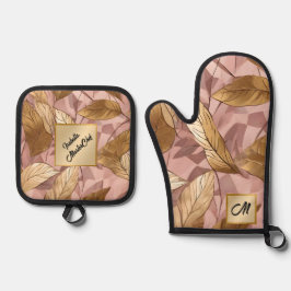 Trendy Blush Pink Gold Boho Blätter Collection Ofenhandschuh & Topflappen-Set