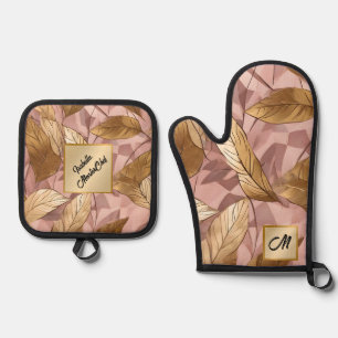 Trendy Blush Pink Gold Boho Blätter Collection Ofenhandschuh & Topflappen-Set