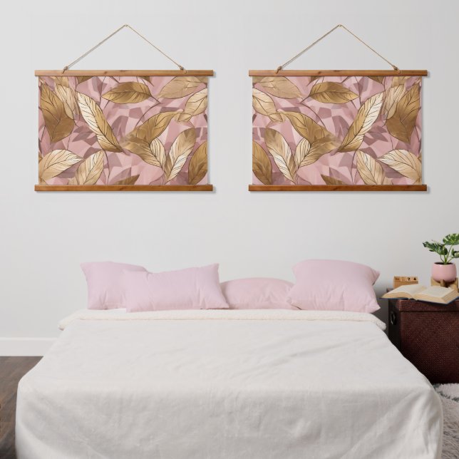 Trendy Blush Pink Gold Boho Blätter Collection Wandteppich Mit Holzrahmen (Schlafzimmer)