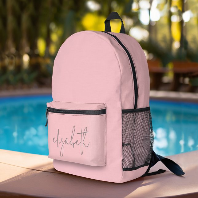 Trendy blush pink - moderner skriptgrauer Name Bedruckter Rucksack (Custom Backpack with a Modern Script Name and Blush Pink background)