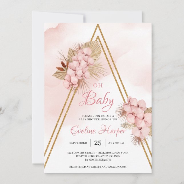 Trendy Blush Pink Orchid getrocknete Palm Oh Baby  Einladung (Vorderseite)