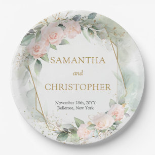 Trendy Blush Rose Goldrahmen Eukalyptus Hochzeit Pappteller