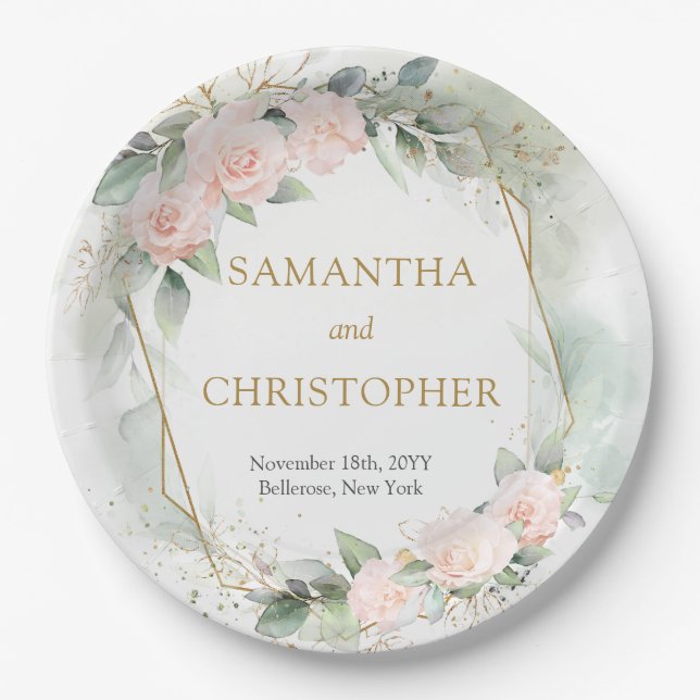 Trendy Blush Rose Goldrahmen Eukalyptus Hochzeit Pappteller (Vorderseite)