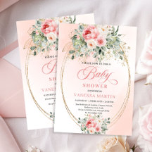 Trendy Blush Roses Gold Baby Shower Invitation Gir