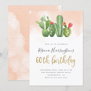 Trendy Blush Wasserfarbe & Cactus 60. Geburtstag Einladung