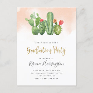 Trendy Blush Watercolor & Cactus Graduation Party Einladungspostkarte