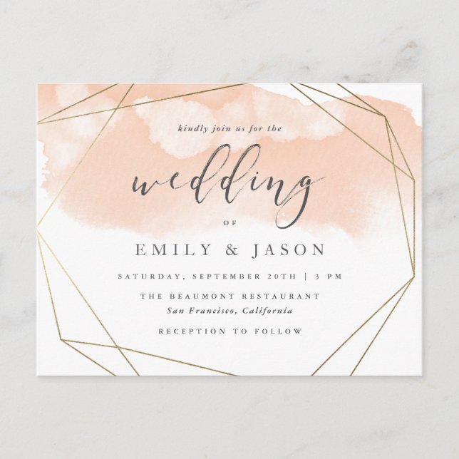 Trendy Blush Watercolor Goldene Hochzeit Einladungspostkarte (Vorderseite)