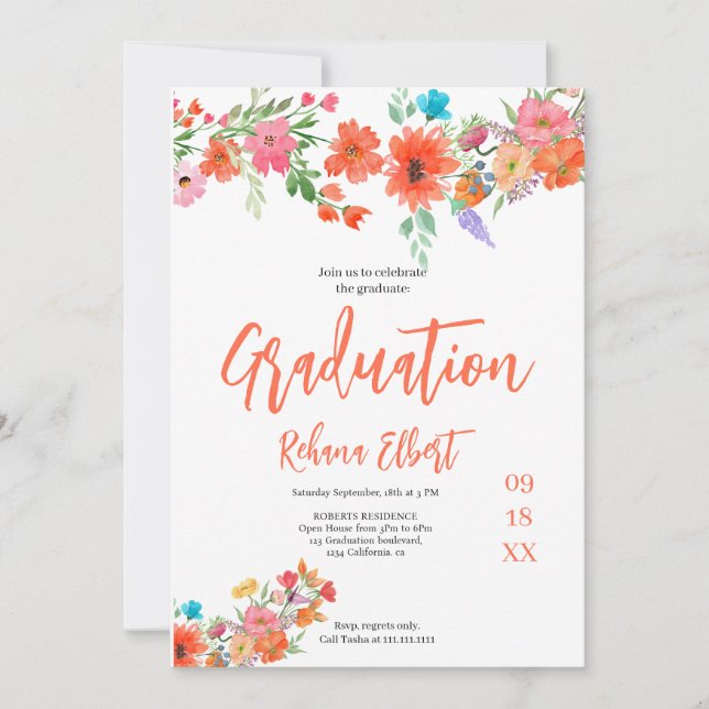 Trendy Boho Abschluss Foto Card - Orange Florals Einladung (Vorderseite)
